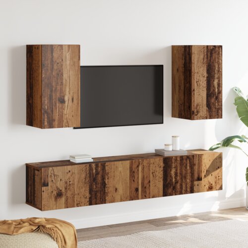 VidaXL Set TV komoda s policom Zidne s pohranom s vratima 4 pcs Staro drvo 160 x 30 x 30 cm Slike