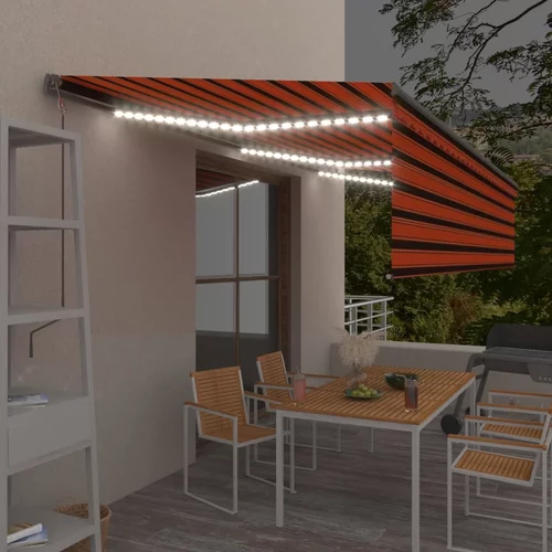 vidaXL Avtomatska tenda s senčilom LED + senzor 6x3 m oranžna in rjava