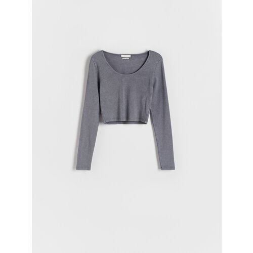Reserved top z dolgimi rokavi z učinkom acid wash - siva Slike