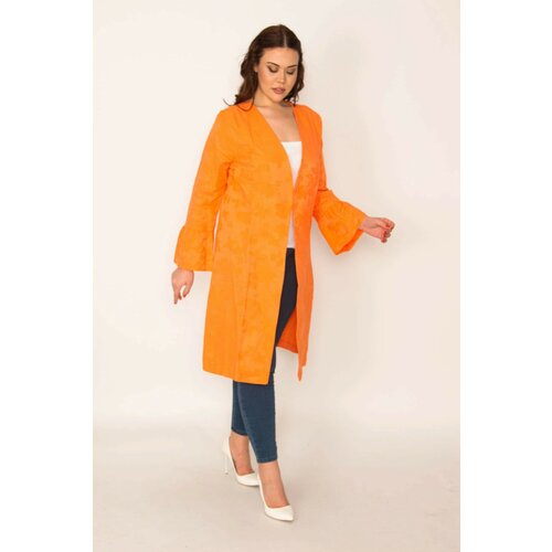 Şans Women's Plus Size Orange Sleeve Detailed Single-Clip Closed Unlined Cape Cene