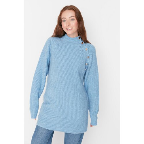 Trendyol Light Blue High Collar Buttoned Knitwear Sweater Slike