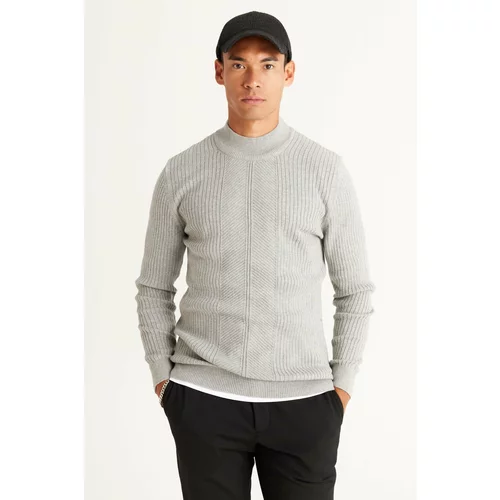 AC&Co / Altınyıldız Classics Men's Gray Melange Slim Fit Slim Fit Half-Cat Turtleneck Cotton Jacquard Knitwear Sweater.