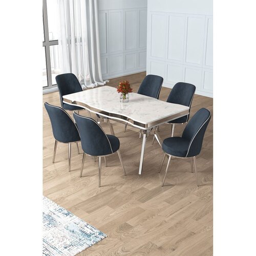 Hanah home trpezarijski set Prah, sto i 6 stolica, ploča u dekoru belog mermera, hromirane noge, antracit tkanina Babyface Cene