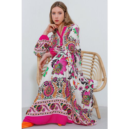 Bigdart Women's Fuchsia Cream Patterned Viscose Dress 2423 Slike