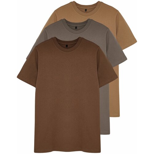 Trendyol Brown-Beige-Grey Men's Basic Slim/Slim Fit 100% Cotton 3 Pack T-Shirt Cene