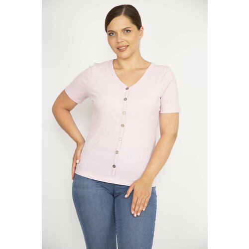 Şans Women's Pink Plus Size V-Neck Front Decorative Buttoned Camisole Fabric Short Sleeve Blouse Slike