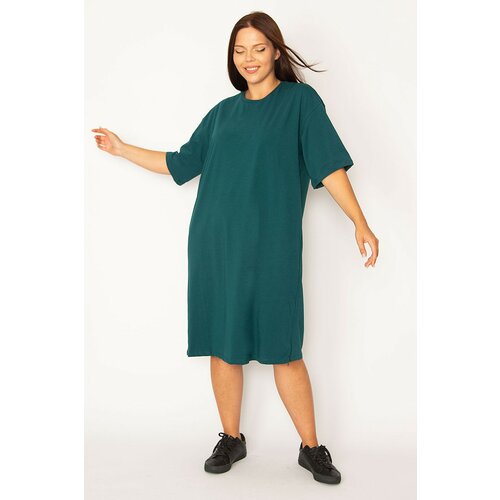 Şans Women's Plus Size Green Cotton Fabric Side Zipper Slit Lycra Dress Slike
