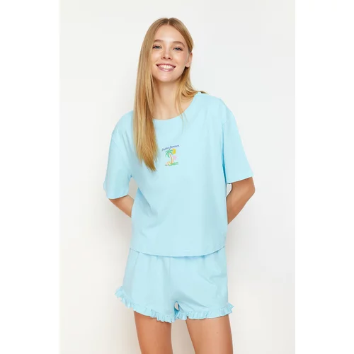 Trendyol Blue Printed Single Jersey Knitted Pajama Set