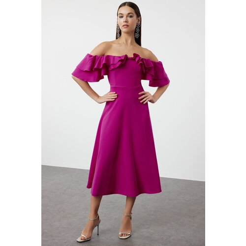 Trendyol Fuchsia A-Line Carmen Collar Woven Elegant Evening Dress Cene