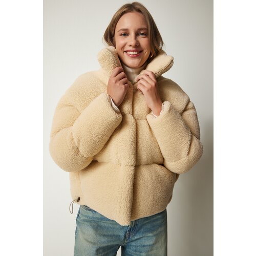  Women&amp;#039;s Cream Stand Up Collar Fluffy Down Jacket Slike
