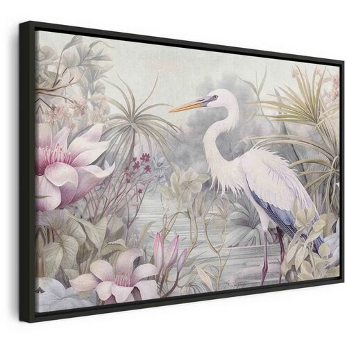  Slika - Heron wading in a pond - illustration in bright colours 90x60 U crnom drvenom okviru Cene