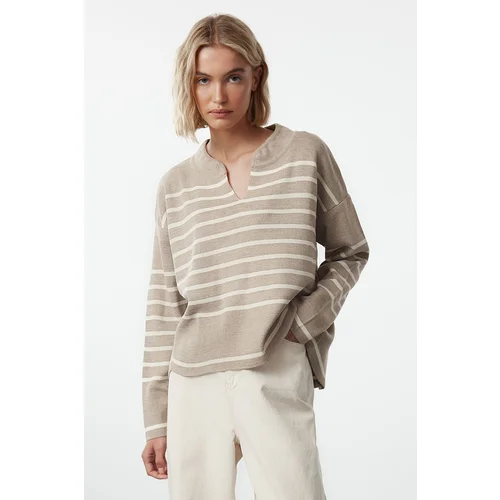 Trendyol Beige Wide Neck Detailed Striped Knitwear Sweater