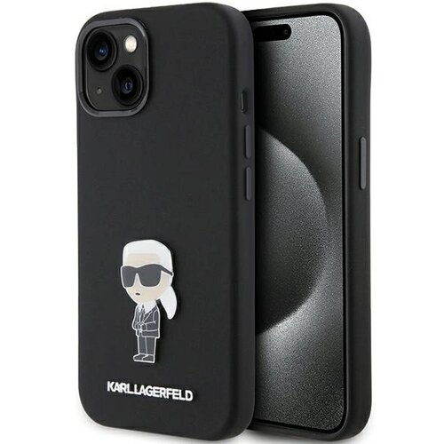 Karl Lagerfeld SILIKONSKI OVITEK IKONIK METAL PIN ZA IPHONE 15 ČRN, (21899078) Cene