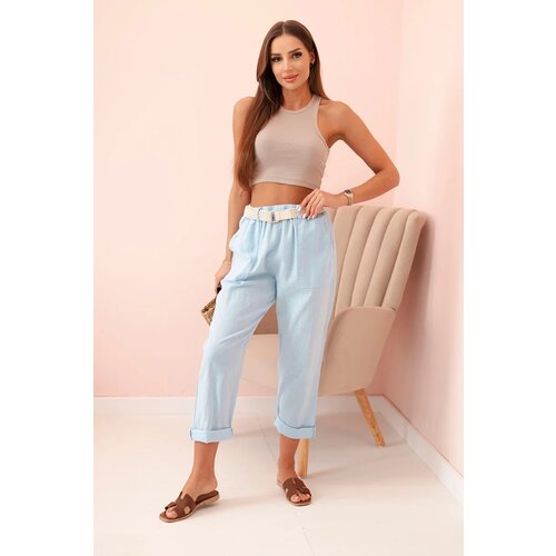 Kesi Włoski Women&amp;#039;s linen cotton pants with a belt blue Slike