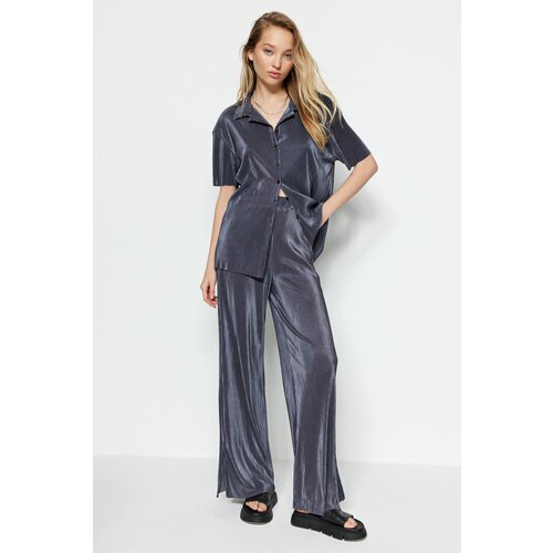 Trendyol Anthracite Pleated Wide-Cut Shirt and Trousers Knitted Top and Bottom Set Slike