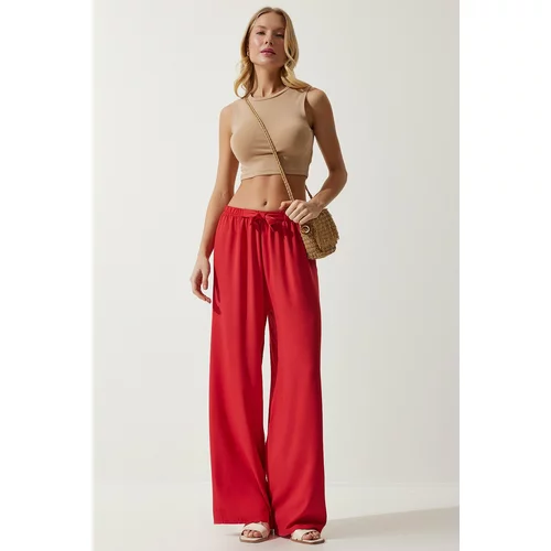 Happiness İstanbul Women's Red Flowy Knitted Palazzo Trousers