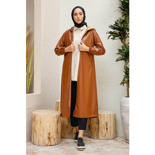 InStyle Hooded Long Leather Cape - Camel Slike