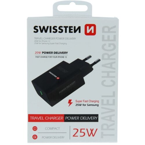 Swissten punjač za AC220, 1xUSB-C, PD 25W, za iPhone i Samsung, crni Slike
