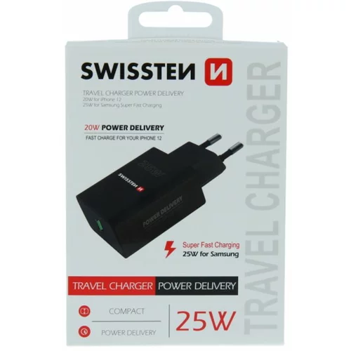 Swissten punjač za AC220, 1xUSB-C, PD 25W, za iPhone i Samsung, crni
