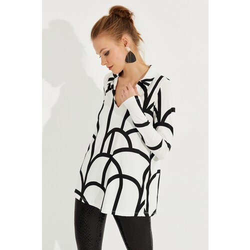 Cool & Sexy Women's White Patterned Polo Neck Blouse Slike