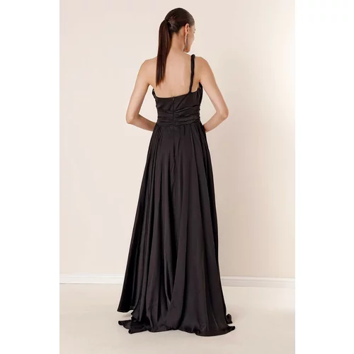 By Saygı Knitting Single Strap Waist Pleated Lined Long Slit Dress Black