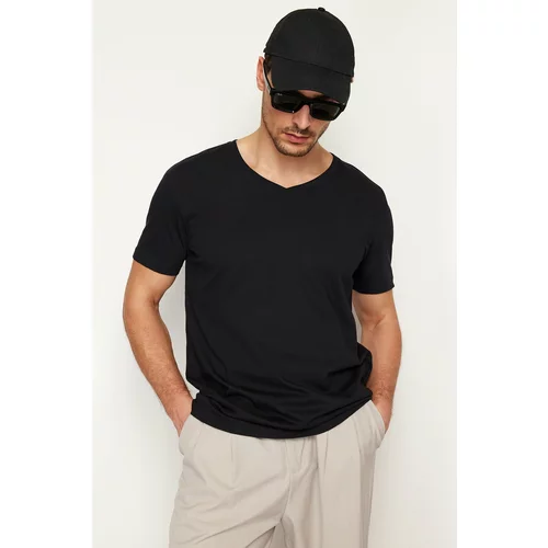 Trendyol Men's Black Regular/Normal Fit V-Neck Basic 100% Cotton T-Shirt