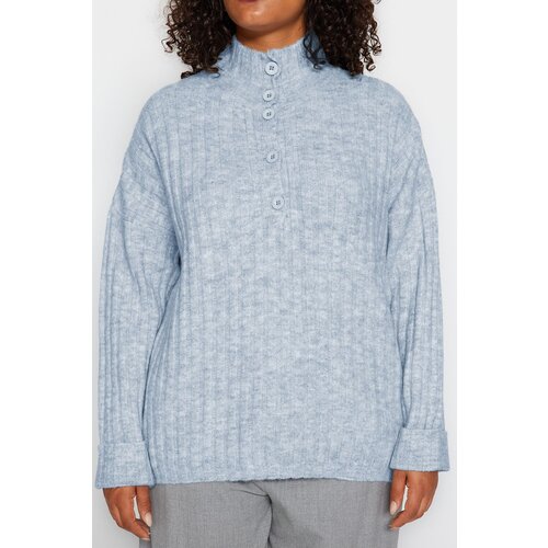 Trendyol Curve Baby Blue Ribbed Buttoned Knit Sweater Cene