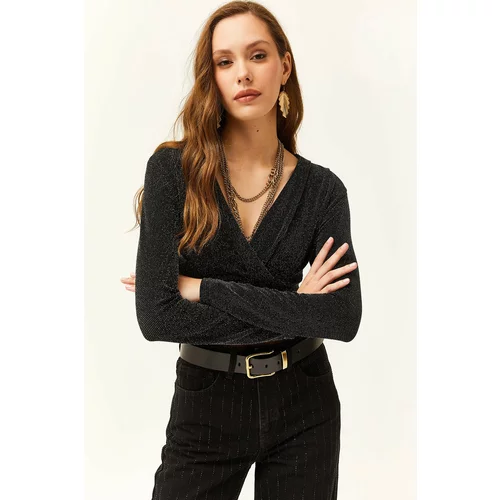 Olalook Women's Black Double Breasted Silvery Crop Blouse