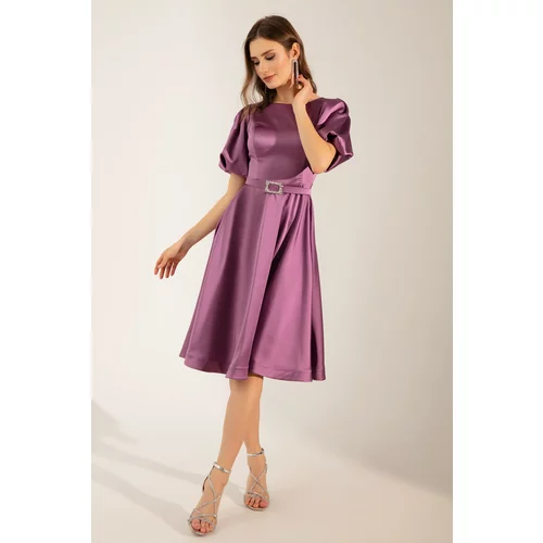 Lafaba Women's Lavender Mini Satin Evening Dress with Balloon Sleeves and Stones Belt.