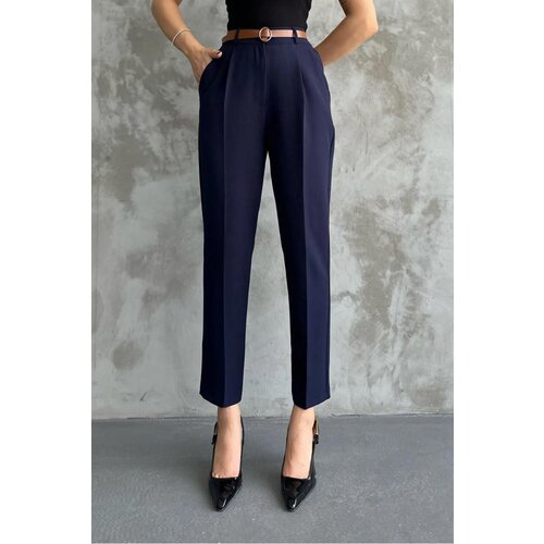 Dewberry 67537 Skinny Leg Belted Women Trousers-NAVY Slike