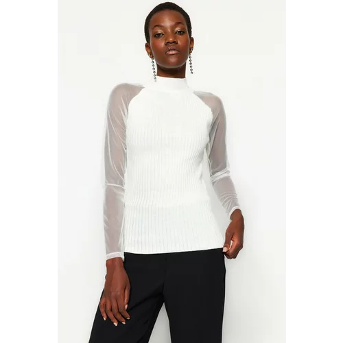 Trendyol White Tulle Sleeve Detailed Knitwear Sweater