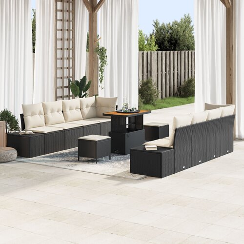 VidaXL 11 komada vrtni sofa set s jastučićima crni poli ratan akacija, 2-sjedalni vrtni sofa s pohranom i jastučićima crni poli ratan, 3 dijela vrtni blagovaonski set s jastučićima crni poli ratan akacija Slike