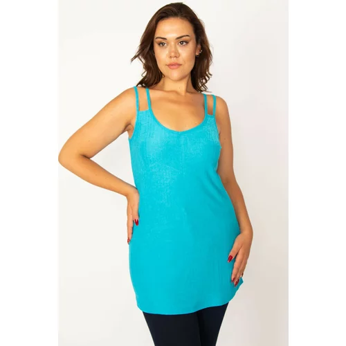 Şans Women's Plus Size Turquoise Strap Detailed Striped Blouse