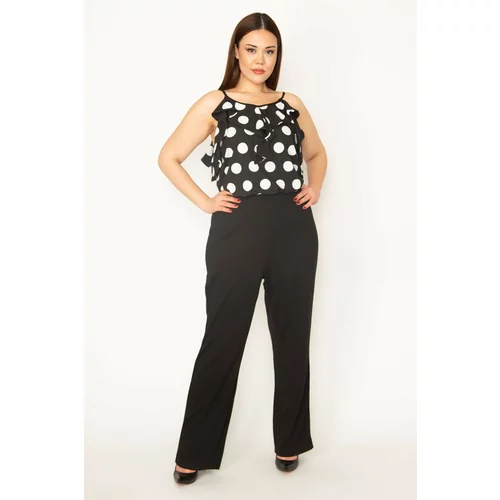 Şans Women's Plus Size Black V-Neck Jumpsuit with Straps and Flounce Sleeves with Elastic Detail at the Waist.