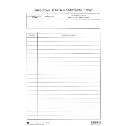 NARODNE NOVINE-UT IX-280 PREGLEDNI LIST UPISA U REGISTARSKI ULOŽAK; List, 21 x 29,7 cm Slike