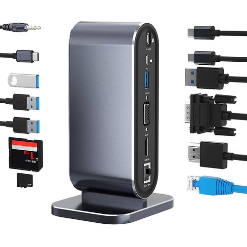  Adapter Type C na LAN Gb, SD card, TF, PD, Type C, 4xUSB 3.0, Audio, HDMI i VGA, 12 u 1, Sa postoljem, Sivi Cene
