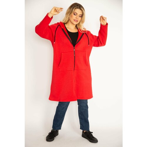 Şans Women's Plus Size Red Inner Raised Fleece Fabric Front Zippered Kangaroo Pocket Hooded Coat Slike