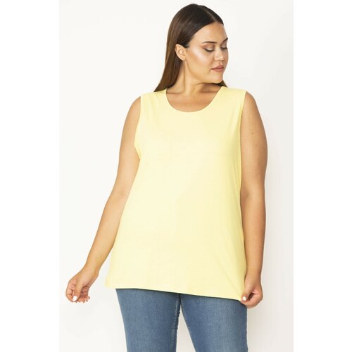 Şans Women's Plus Size Yellow Cotton Fabric Crew Neck Sleeveless Blouse Slike