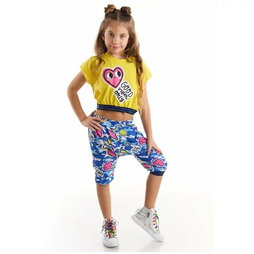 Mushi Heart To Heart Girls' Crop Top Yellow T-shirt Blue Capri Shorts Set
