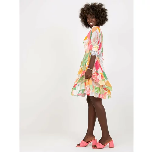 Fashion Hunters Pink and green envelope dress with frills and a print
