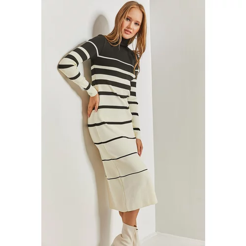 Bianco Lucci Women's Turtleneck Striped Long Knitwear Dress