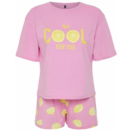 Trendyol Pink 100% Cotton Slogan Fruit Printed Knitted Pajamas Set