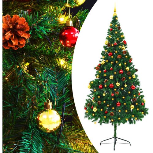 vidaXL umjetno božićno drvce s kuglicama i led svjetlima zeleno 210cm Cijene