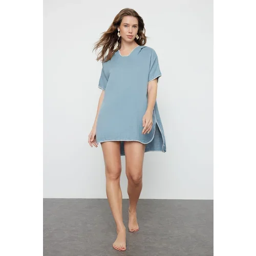 Trendyol Blue Wide Fit Mini Woven Embroidery Muslin Beach Dress