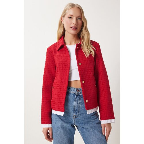 Happiness İstanbul Women's Red Shirt Collar Tweed Jacket Slike