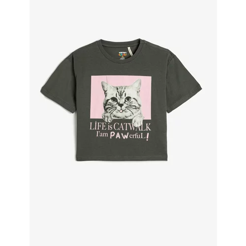 Koton Oversize T-Shirt Short Sleeve Crew Neck Cat Printed Cotton