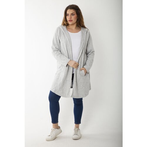 Şans Women's Plus Size Gray Hooded Cardigan With Cup And Vep Detail Slike