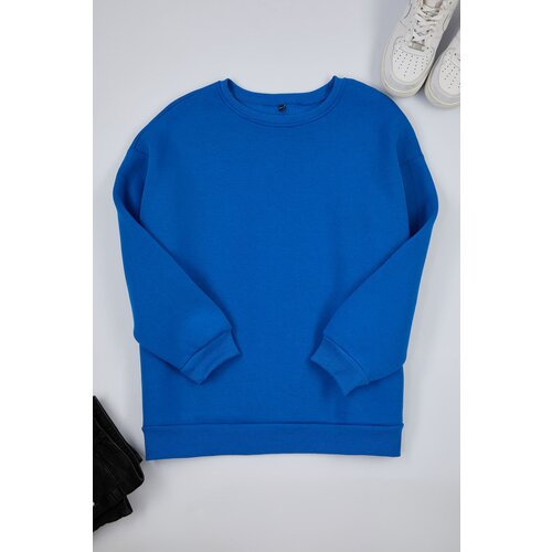 Trendyol Curve Blue Oversize/Relaxed Fit Basic Crew Neck Thick/Polar Inside Knitted Sweatshirt Cene