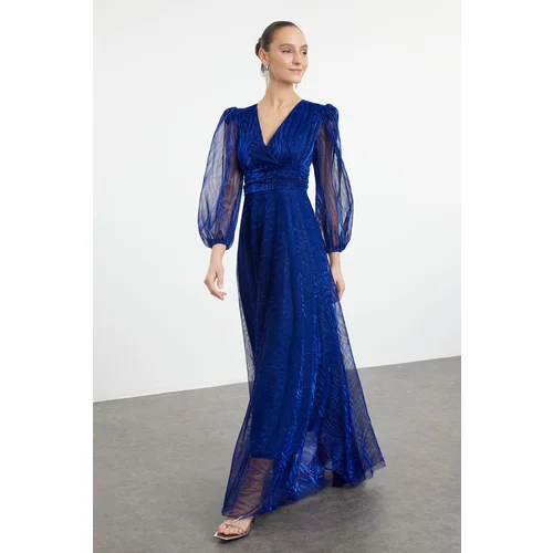 Trendyol saks A-Cut Tulle Knitted Long Elegant Evening Dress