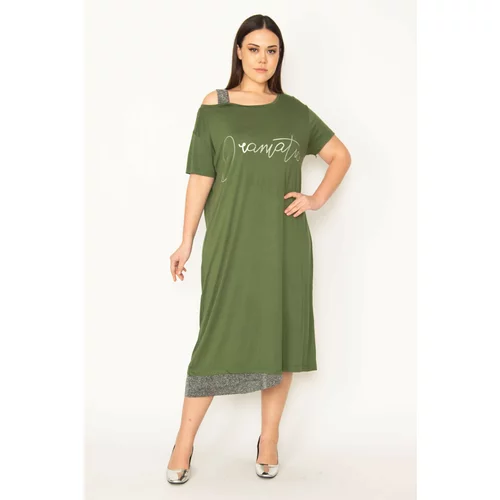 Şans Women's Plus Size Khaki Silvery Detailed Front Printed Dress